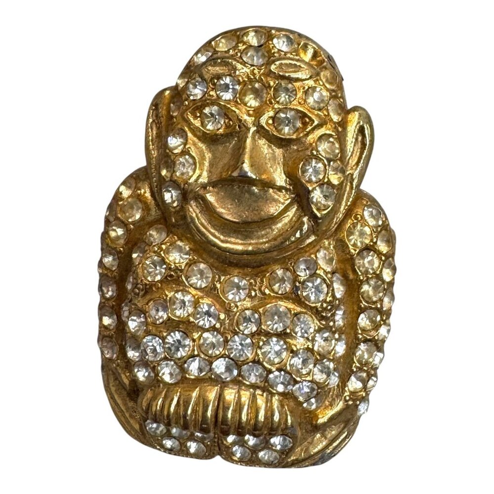 Vintage ORA Rhinestone Buddha Brooch Pin Gold Tone Jewelry  Rhinestone READ